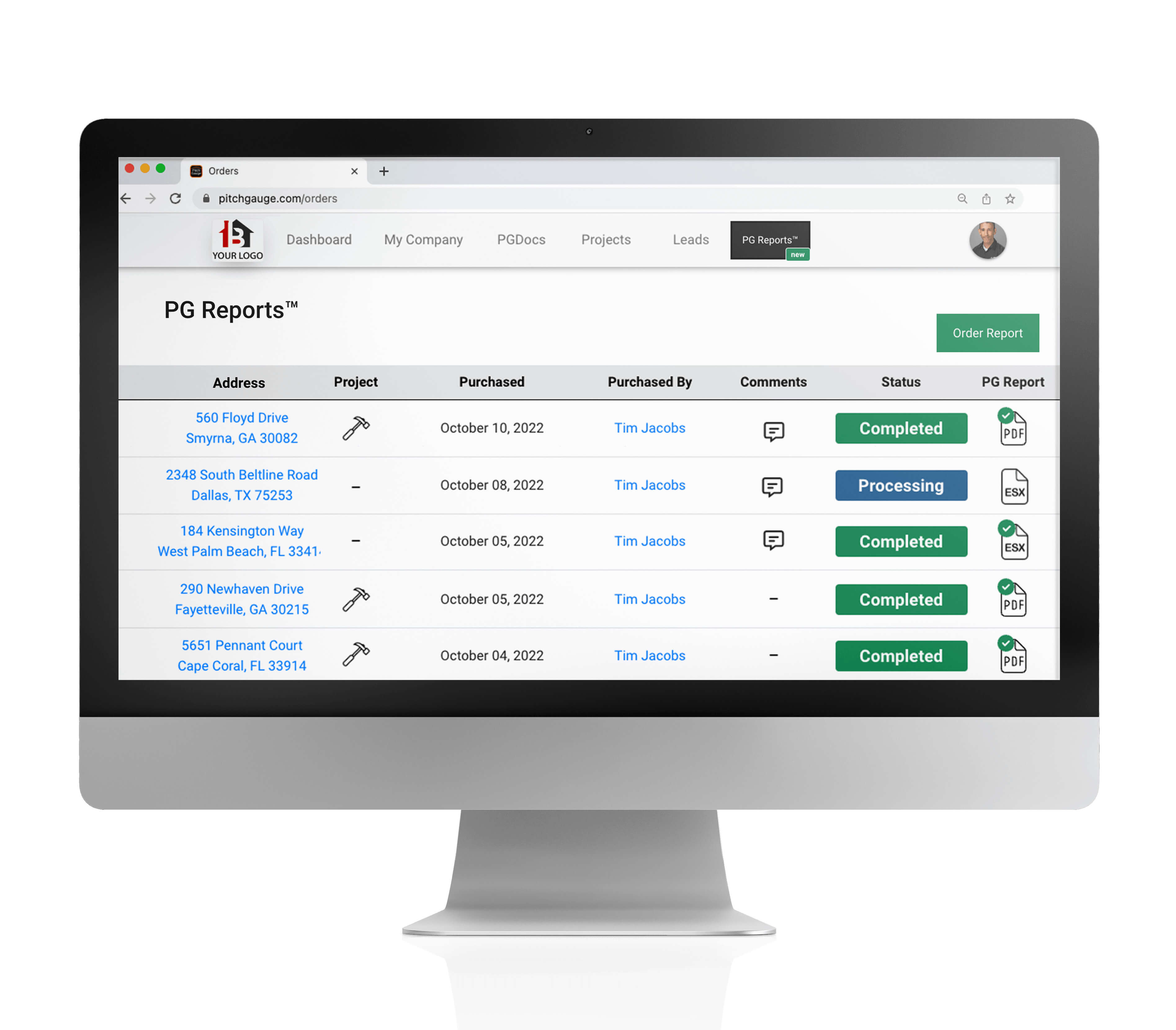 PG Reports displayed on iMac — full report view for a contractor