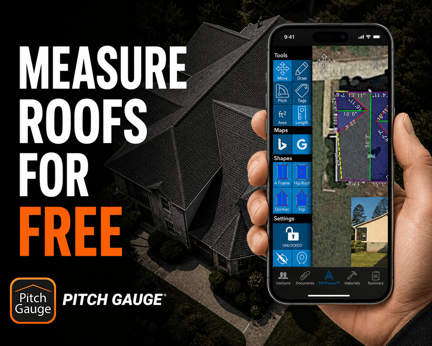 PG Precise measuring a roof from aerial view
